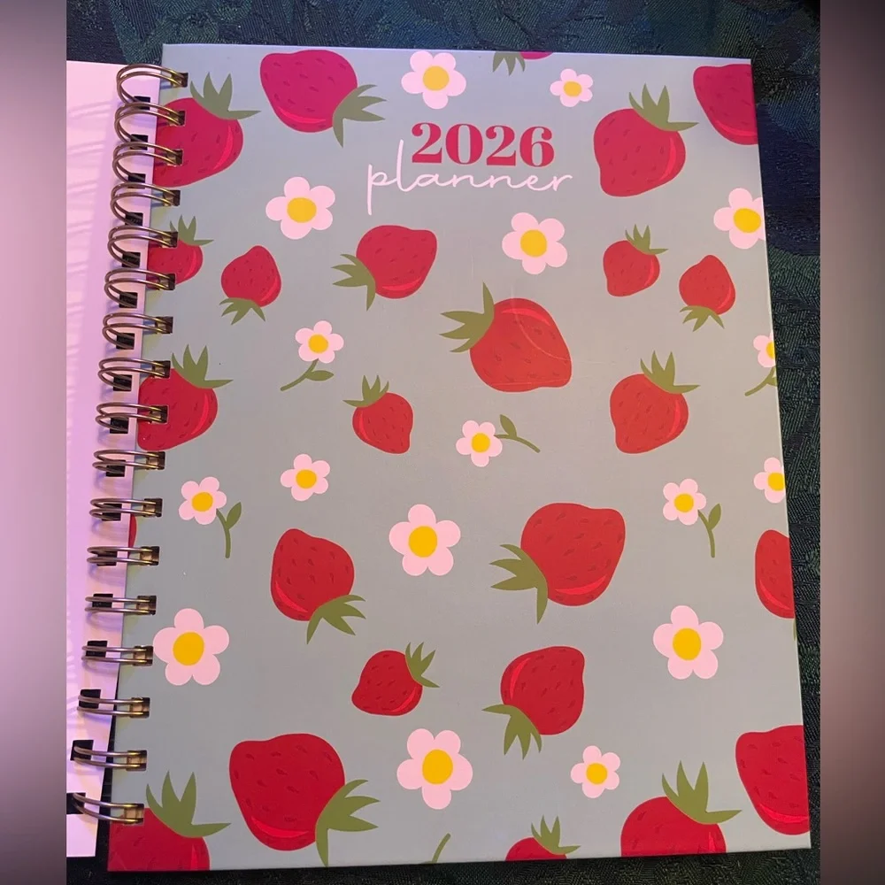 🍓Hardcover 2026 Organizational Spiral Planner, Blue with Strawberries & Flowers